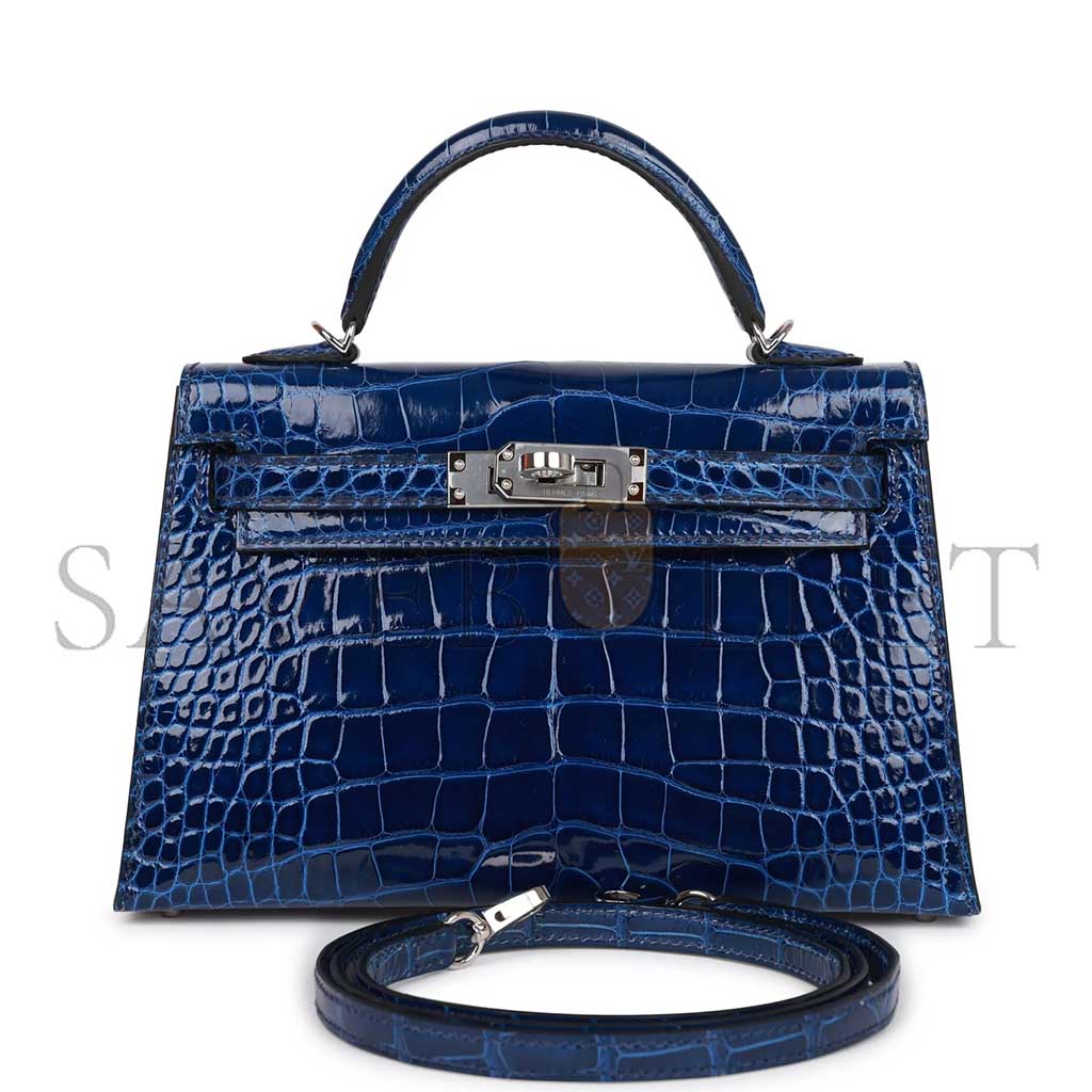 H**mes master mini kelly ii sellier bleu saphir shiny alligator palladium hardware (19*12*5.5cm)